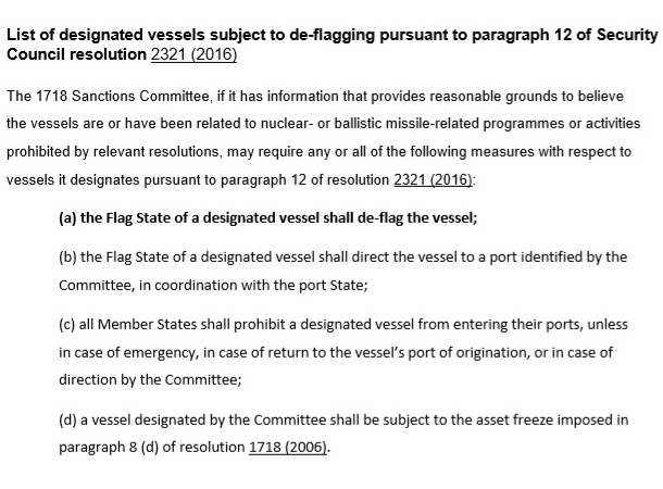 List of designated vessels subject to de-flagging pursuant to paragraph 12 of Security Council resolution 2321 (2016)
